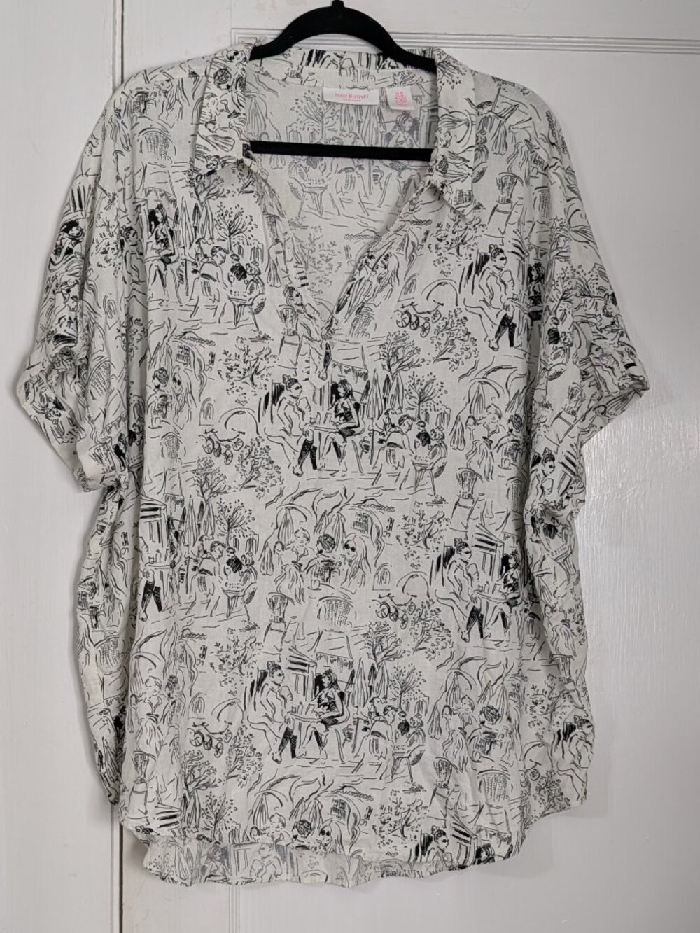 Isaac Mizrahi New York Women's 2X Linen Blend Top Black & White Artsy Coastal